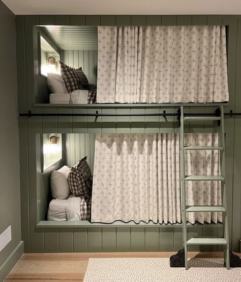 Bunk Bed Drapes, Cosy Bunk Beds, Small Cabin Bunk Beds, Bunk Room With Curtains, Bunk Room Curtains, Bunk Room For Small Space, Built In Bunk Beds With Curtains, Rustic Built In Bunk Beds, Closet To Bunk Beds