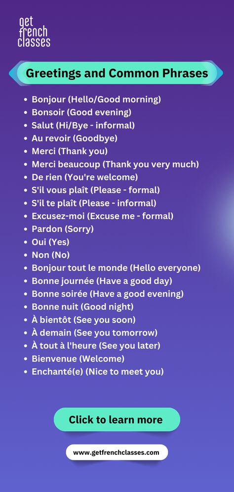 French greetings and Common Phrases Greetings In French, French Essentials, French Words With Meaning, French Greetings, French Classes, French Basics, French Conversation, Speak French, French For Beginners