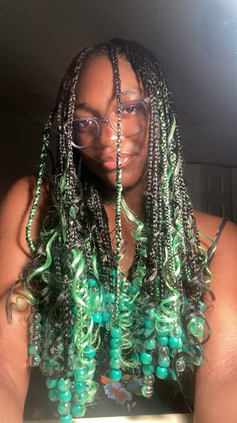 Black And Green Box Braids With Beads, Goddess Braids Blue And Black, Green And Black Goddess Braids, Box Braid Colour Ideas, Box Braids With Charms, Mint Green Braids, Forest Green Braids, Green Braided Hairstyles, Green Goddess Braids