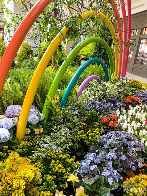 Rainbow Flower Arch, Rainbow Garden Ideas, Sensory Park, Rainbow Flower Garden, Nursery Cafe, Bridge Garden, Student Exhibition, Rainbow Landscape, Lake Landscaping