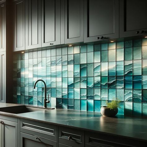 dark kitchen cabinets with aqua blue glass tile backsplash Teal Backsplash Kitchen, Teal Glass Tile, Teal Backsplash, Blue Glass Tile Backsplash, Kitchen Backplash, Sea Glass Tile, Backsplash Options, Black Subway Tiles, Teal Tile