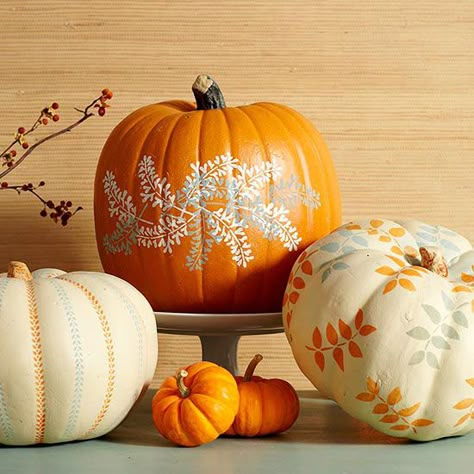 These simple, elegant pumpkins are extremely easy to make. Tape a stencil on a washed pumpkin, and gently paint the exposed area. Layer the stencil in different colors to get the looks shown here. Elegant Pumpkins, No Carve Pumpkin Decorating, Painted Pumpkin, Creative Pumpkins, Pumpkin Painting, Festival Diy, Ideas Halloween, Fall Decor Diy, Pumpkin Design