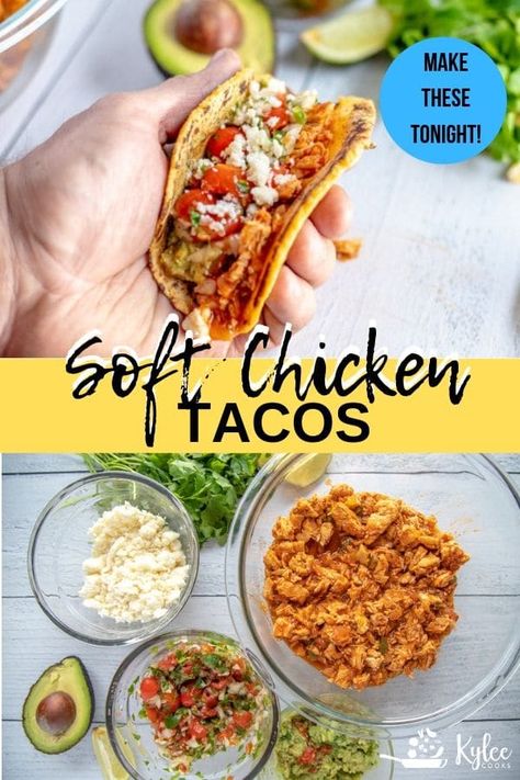 Delicious, easy to make soft chicken tacos that will kick your Taco Tuesday habit up a notch! Topped with anything you like, this is a recipe you'll make again and again. Perfect for a weeknight dinner or for sharing with friends on the weekend! #tacos #chicken #dinner #easyrecipe #kyleecooks