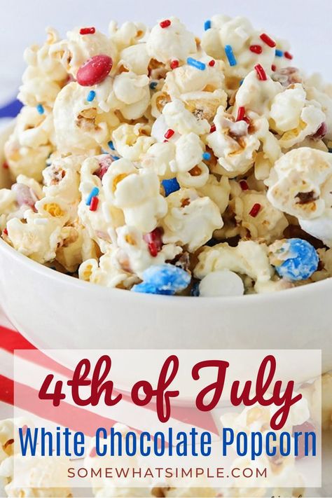 This tasty patriotic popcorn is a simple white chocolate popcorn recipe packed with little bites of milk chocolatey goodness! This red, white and blue dessert is perfect for any patriotic celebration. Patriotic Popcorn, Chocolate Popcorn Recipe, White Chocolate Popcorn Recipe, Popcorn Recipes Chocolate, Popcorn Recipes Easy, White Chocolate Popcorn, Sweet Popcorn, Popcorn Recipe, Salty Treats