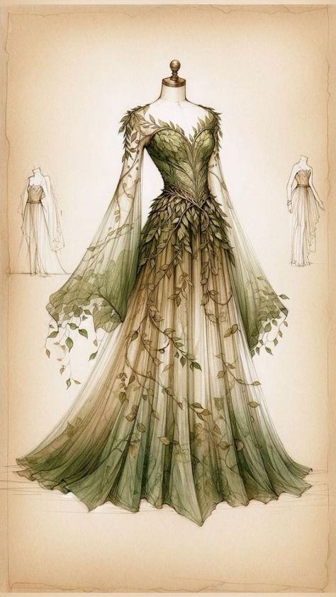 Fae Style, Dnd Ball Outfit, Forest Elf Dress, Fantasy Aesthetic Clothing, Costume Sketches Design, Elven Design, Druid Queen, Elven Dress Drawing, Leaf Dress Drawing