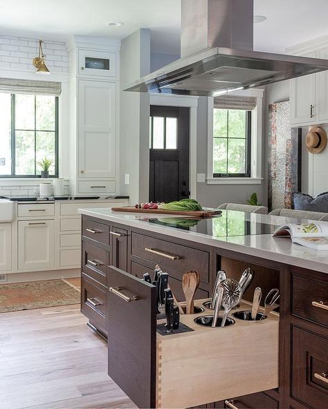 Brown Kitchen Island with Custom Utensils Drawer - Transitional - Kitchen Brown Kitchen Island, Custom Kitchen Drawers, Utensils Drawer, Cabinet Layout, Light Grey Kitchen Cabinets, Island Cooktop, Kitchen Layouts With Island, Mountain Home Interiors, Home Build Ideas