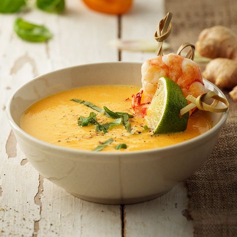 carrot ginger soup with coconut milk | Recipes | Kuhn Rikon Soup With Coconut Milk, Coconut Milk Soup, Carrot Ginger Soup, Ginger Soup, Health Fair, Coconut Milk Recipes, Carrot And Ginger, Spicy Snacks, Chilli Pepper