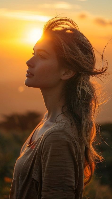 Natural Make Up For Photoshoot, Woman Profile Reference, Golden Hour Reference, Sunset Shoot Photo Ideas, Golden Hour Photoshoot Ideas, Nature Portraits Woman, Healthcare Photoshoot, Woman Nature Photoshoot, Woman At Peace