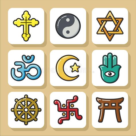 World Religions Symbols, Colorful Icons, Baby Shower Invitaciones, World Religions, Third World, Buddhism, Stock Illustration, Stock Vector, Vector Illustration