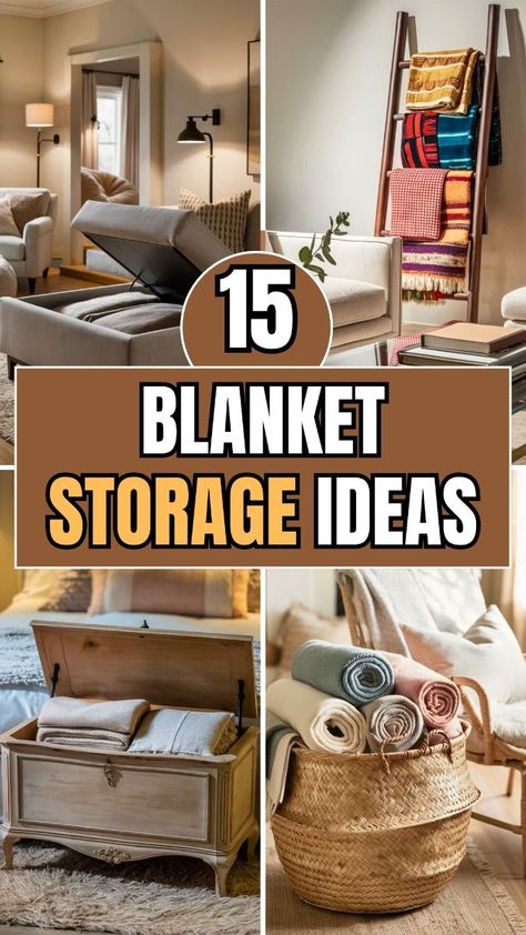 15 Blanket Storage Ideas – The DIY Desire Folded Blankets For Display, Large Comforter Storage Ideas, Storage For Throw Blankets, Creative Blanket Storage Ideas, Ideas For Blanket Storage, Living Room Throw Blanket Storage, Best Way To Store Blankets, Blanket Organization Living Room, Throw Storage Living Rooms