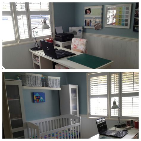 Craft room/study and Nursery all rolled into one room. Shared Nursery And Office, Nursery And Office Combo Ideas, Nursery Office Combo Layout, Office And Nursery Combo, Office Nursery Combo, Nursery Office Combo, Office And Nursery, Nursery Guest Room Combo, Prime Rose