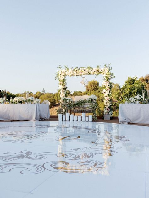 Round Dance Floor, Luxury Backyard Wedding, White Dance Floor, Motif Ideas, Christian Wedding Ceremony, Gold Place Setting, Camarillo California, White Dance, Dance Floor Wedding