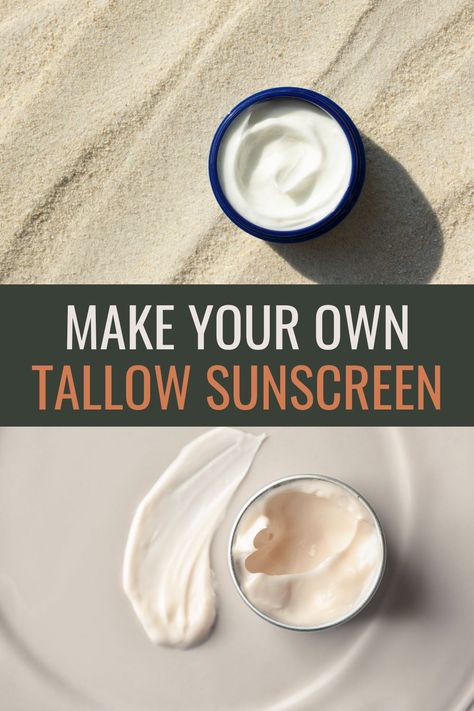 Learn about the benefits of using a natural sunscreen. This easy diy tallow sunscreen recipe is great for the face as well as the rest of your body. It is also safe for kids and babies! Learn how to make tallow sunscreen here! #Non-Toxic #Handmade #RegenerativeHomesteadingSkills Tallow Sunscreen Recipe, Tallow Lotion Bar Recipe, Diy Tallow Sunscreen, Tallow Recipes Skin Care, Tallow Lotion Recipe With Coconut Oil, Diy Tallow Face Cream, Diy Tallow Zinc Sunscreen, How To Render Tallow For Skincare, Tallow Sunscreen