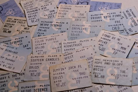 80s Movie Ticket Stubs Movie Ticket Stubs, Movie Theater Aesthetic, Angela Moore, Book Seller, Vintage Movie Theater, John Hughes Movies, The Movie Theater, 1980s Movies, Cheese Bagels