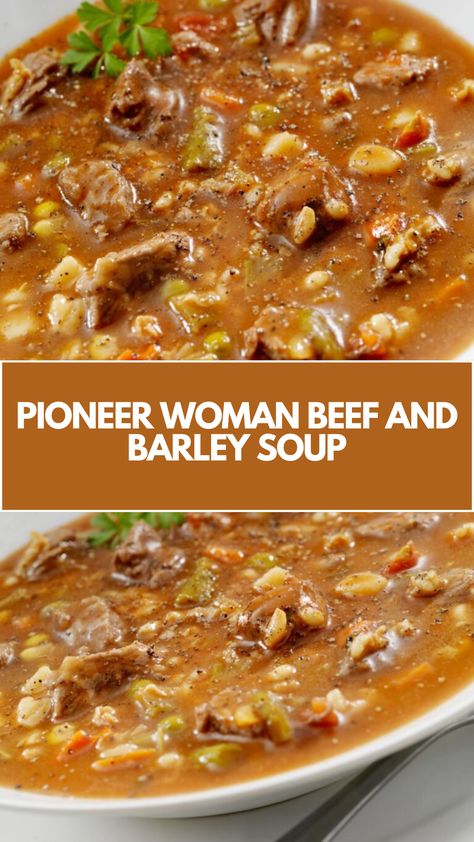 Pioneer Woman Beef And Barley Soup is made with a medley of simple, wholesome ingredients including cooked beef, onions, garlic, carrots, celery, barley, and savory seasonings. This hearty soup recipe requires approximately 50 minutes to cook and serves six hungry diners. Beef Barley Soup Recipes With Hamburger, Hearty Beef And Barley Soup, How To Cook Barley For Soup, Pioneer Woman Beef Barley Soup, Homemade Beef Barley Soup, Beef Barley Stew In Crockpot, Venison Barley Soup, Hamburger Barley Soup Ground Beef, Best Ever Beef And Barley Soup