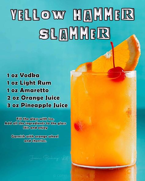 Yellow Hammer Slammer, Yellow Hammer Drink Recipe, Yellow Hammer Slammer Drink, Yellow Cocktails, Island Drinks, Shots Drinks, Mac And Cheese Recipe Soul Food, Rum Drinks Recipes, Drinks Christmas