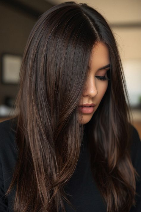 Low Light For Black Hair Dark Brown, Black Low Lights For Brown Hair, Dark Brown Hair With Low Lights, Hair Balayage Ideas, Dark Brown Hair Balayage, Balayage Ideas, Black Hair Balayage, Hair Color Chocolate, Brown Hair Looks