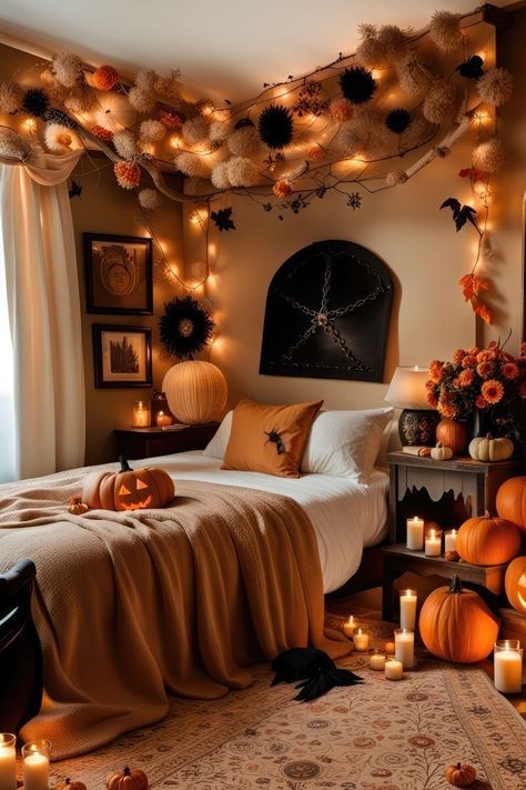 Halloween Themed Bedroom, Fall Apartment Decor, Halloween Bedroom Decor, Classy Halloween, Halloween Bedroom, Halloween Room Decor, Adornos Halloween, Elegant Halloween, Fall Bedroom