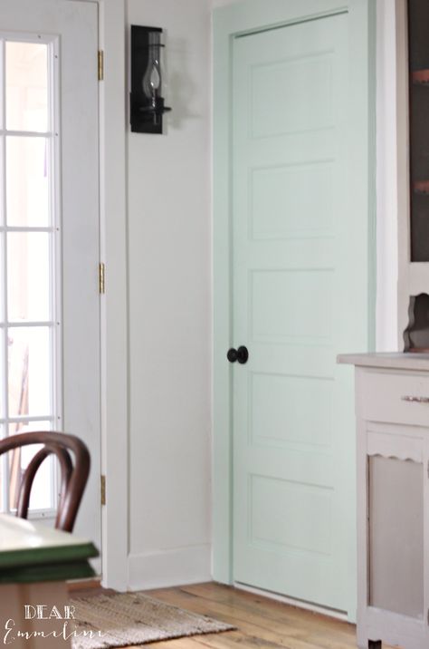 I think it’s about time to share our mint bathroom door! I’ve been holding off since our kitchen remodel still has a few projects left to complete and isn’t quite ready for a ful… Mint Door, Mint Green Bathrooms, Mint Green Bedroom, Mint Bathroom, Interior Door Colors, Bathroom Door, Green Door, Bathroom Doors, Green Bathroom