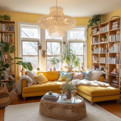 My Images Pop Of Yellow Living Room, Butter Yellow Living Room, Soft Yellow Living Room, Yellow Living Room Aesthetic, Yellow Boho Living Room, Cottage Core Couch, Yellow Apartment Decor, Yellow House Interior, Light Yellow Living Room