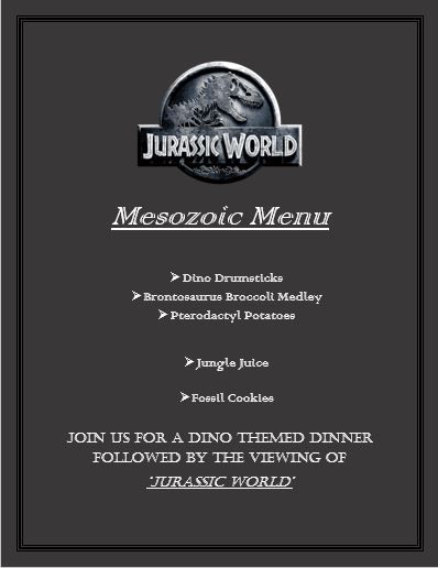 Jurassic Park Themed Dinner, Jurassic Park Dinner, Themes Dinner Nights, Theme Dinners Ideas, Disney Movie Themed Dinner, Disney Movie Night Menu, Saturday Night Movie, Theme Dinners, Themed Meals