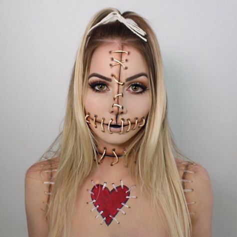 Voodoo Doll Makeup, Halloween Lip Makeup, Scarecrow Halloween Makeup, Makeup Ideas For Halloween, Gif Illustration, Food Makeup, Halloween Makeup Diy, Halloween Dance, Horror Makeup