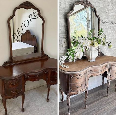 Victorian Furniture Makeover, Vanity Refurbished Diy, Antique Vanity Makeover, Vanity Flip, Vintage Vanity Makeover, French Provincial Home Decor, Antique Furniture Makeover, French Provincial Decor, Vintage French Furniture