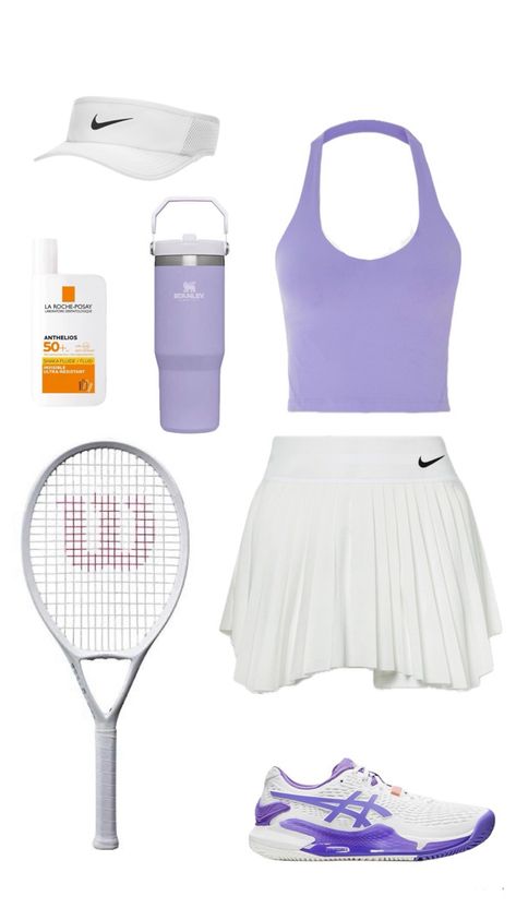 Aesthetic purple and white tennis outfit with white skirt, purple top and shoes,wilson racket and Stanley Purple Tennis Racket, Cute Tennis Fits, Tenis Aesthetic Sport, Tenis Outfits Sport, Sport Outfits Aesthetic, Tennis Racket Aesthetic, Purple Outfits Ideas, Outfit With White Skirt, Tennis Aesthetic Outfit