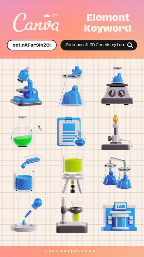 3D Chemistry Lab Code: set:nAFarSIhZCI | Canv Canva Aesthetic Font, Canva Free Elements, Canva Tricks, Element Chemistry, Canva Codes, Canva Keywords, Chemistry Lab, Keyword Elements Canva, Canva Element Keyword