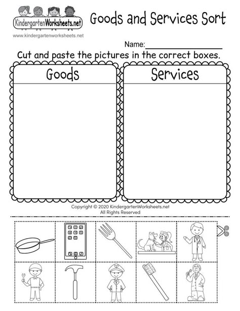 Kids can sort pictures of goods and services by completing a simple cut and paste activity in this free social studies worksheet. Goods And Services Worksheet, History 1st Grade, Spelling Worksheets Kindergarten, Thanksgiving Worksheets Kindergarten, Kindergarten Grammar Worksheets, Elementary Economics, Christmas Worksheets Kindergarten, Kindergarten Classroom Setup, Free Kindergarten Printables