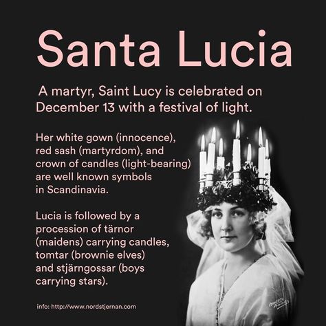 Happy Santa Lucia Festival! Find out much more about this saint of light on our Facebook page. #SantaLucia #SaintLucy #FestivalofLight #Yule Lucia Sweden, Saint Lucia Day, Sankta Lucia, Santa Lucia Day, Swedish Quotes, St Lucia Day, Scandinavian Holidays, Saint Lucy, Swedish Traditions