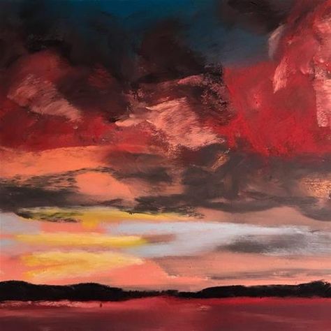 Storm Painting, Red Landscape, Clouds Painting, Red Clouds, Clouds Sunset, Red Sunset, Original Pastel, Oil Pastel Art, Winter Wood