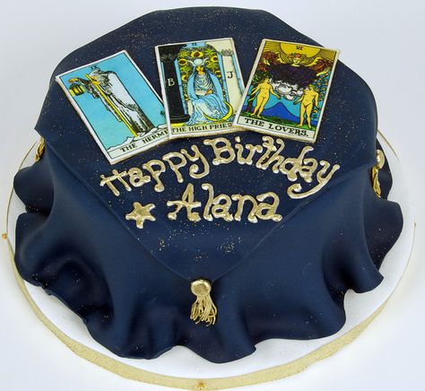 birthday cake made to look like a fortune teller's table with 3 tarot cards. Wiccan Cake Ideas, Tarot Cake Ideas, Tarot Card Cake, Tarot Birthday Card, Tarot Card Birthday, Birthday Tarot Card, Witch Cake, 16 Cake, Sweet 16 Cakes