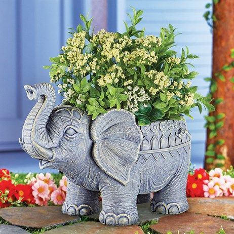 Hand-painted Indoor/Outdoor Resin Elephant Planter | Collections Etc. Elaborate Headdress, Majestic Elephant, Elephant Planters, Animal Planters, Urn Planters, Garden Pottery, Unique Planter, Collections Etc, Garden Accents