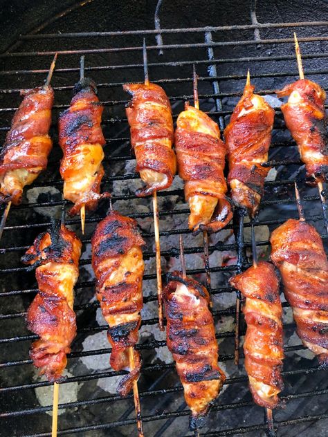 Bacon-Wrapped Chicken Tenders Bbq Food List, Grilling Recipes Chicken, The Baker Mama, Skewers Recipes, Baker Mama, Bbq Side Dish Recipes, Pork Kebabs, Bacon Wrapped Chicken Breast, Awesome Chicken