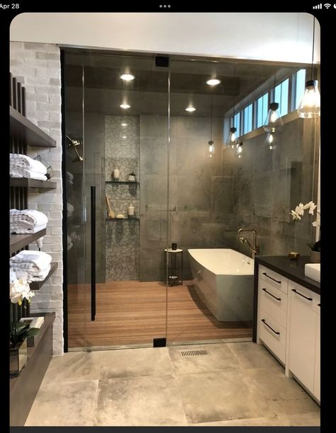 Matte Finish Bathroom Tiles, Gorgeous Bathrooms Luxe, His And Her Bathroom Ideas Decor Master Bath, Shower Tile That Looks Like Wood, Spa Bathroom Storage, Spa Like Bathroom Ideas Modern, Spa Retreat Bathroom, Walk In Shower And Tub Combo, Master Bathrooms Luxury Spa