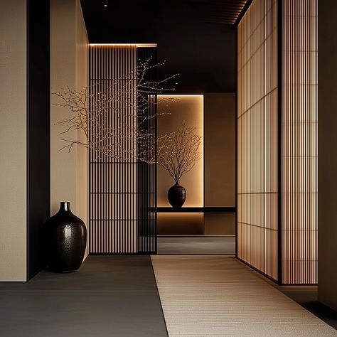 “Japandi style isn’t just seen, it’s felt; it promotes an interior calm as much as it does interior beauty.” A sophisticated blend of minimalism and modern Japandi style. The spaces utilise a muted palette dominated by black, beige, and wooden tones, creating a serene yet elegant atmosphere. The use of clean lines and uncluttered surfaces emphasise simplicity and refinement. Wood panels and black matte surfaces add texture and depth to the rooms, while the strategic lighting highlights the s... Modern Luxury Japanese Interior, Japanese Modernism Interior, Japandi Interiors Black, Rustic Japanese Interior, Japandi Office Interior Design, Japanese Wood Interior, Japandi Interiors Dark, Japanese Appartement, Dark Japandi Interiors