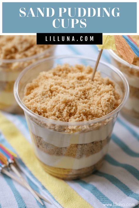 Crumbly and creamy sand pudding cups are a tasty beach inspired treat. Enjoy a quick and easy sandy escape perfect for sharing!! #sandpuddingcups #puddingparfaits #summertreats #pudding #beachtreats Sand Dessert Recipe, Sand Pudding Cups, Sand Pudding Dessert, Luau Desserts, Sand Dessert, Gabby Party, Sand Pudding, Pudding Cup Recipes, Vbs Snacks