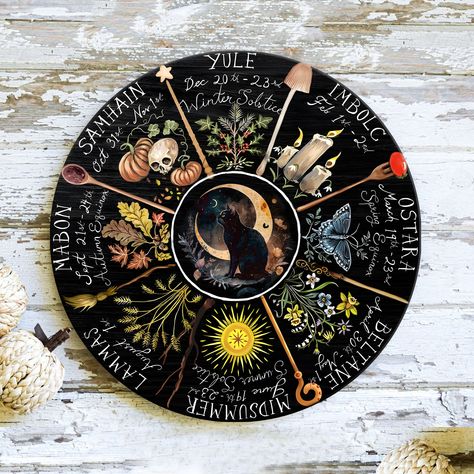 Witches Wheel, Pagan Calendar, Witch Grimoire, Witch Stuff, Wheel Of The Year, Moon Calendar, Wooden Door Signs, Witch Gift, Pagan Witch