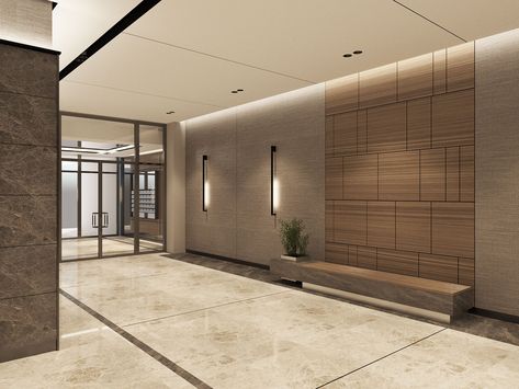 Apartment Lobby Entrance, Entrance Lobby Design Residential, Apartment Lobby Interior Design, Apartment Corridor Design, Apartment Entrance Lobby, Lobby Design Residential, Lobby Lighting Design, Building Entrance Lobby, Residential Building Entrance