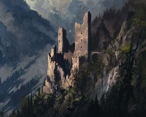 Fantasy Castle In The Mountains, Fantasy Ruined Castle, Mountain Castle Concept Art, Kingdom In The Mountains, Fantasy Castle Ruins, Castle In Mountains, Castle On A Mountain, Crumbling Castle, Mysterious Castle