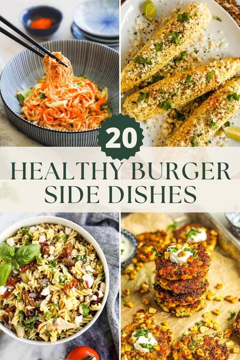 Looking for Healthy Burger Sides? Look no further! Below we list all of our favorite healthy Burger side dishes, including scrumptious vegetables, healthy french fries, and zesty salads. Sides For Burgers Fall, Chicken Burger Sides, Turkey Burger Sides, Hamburger Sides Ideas, Healthy Side Dishes For Bbq, What To Serve With Hamburgers, What To Serve With Burgers, Side Dishes For Burgers, Sides For Hamburgers