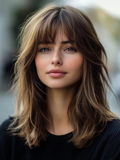 Top Medium Haircuts with Bangs for 2024 – Fresh and Stylish Ideas Hairstyle Fringe Bangs, Medium Length Haircut With Full Bangs, Layer Haircut For Medium Hair With Bangs, Shoulder Length Hair With Heavy Bangs, Bangs Hairstyles Short Mid Length, Fringe Bangs Small Forehead, Wispy Feathered Bangs, Fine Hair Haircuts Bangs, Medium Length Hairstyles With Fringe