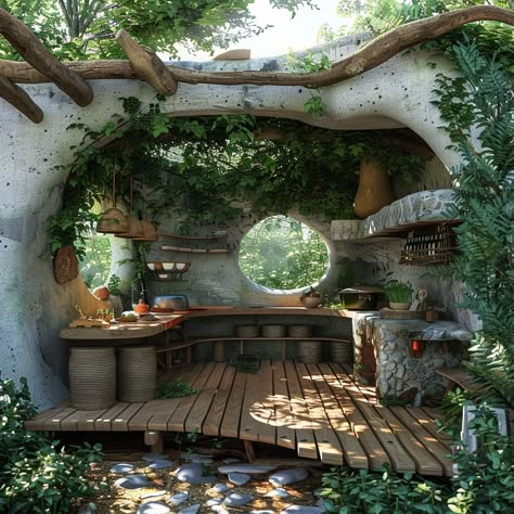 Fairy Core Aesthetic House, Fairy Garden Kitchen, Story Setting Ideas, Fairy Kitchen, Building Ideas Minecraft, Earthship Home, Earthy Home, Minecraft Building Ideas, Cob House