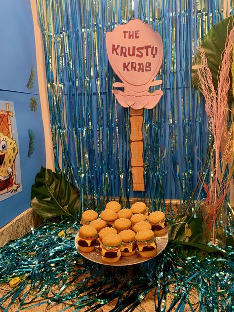 I made the backdrop signs and my friend designed the krabby patties for desserts. It was such a hit! Krusty Krab Party, The Krusty Krab, Krabby Patty, Krusty Krab, Spongebob Party, Noodle Board, Spongebob Birthday, 25th Birthday, 9th Birthday