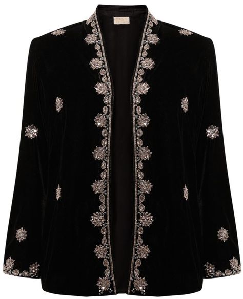 Embellished velvet, kimono style, jacket http://www.east.co.uk/ Velvet Coat Women, Velvet Gowns, Short Black Jacket, Resort Party, Jacket Embroidery, Beads Design, Velvet Kimono, Jackets Black, Beaded Jacket