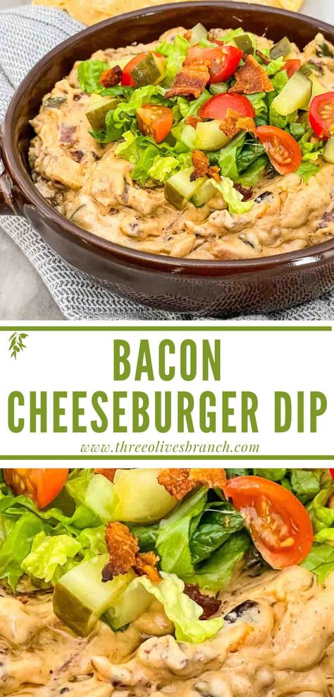 Bacon Cheeseburger Dip makes a fast and easy appetizer. Perfect for a football game day, Super Bowl, or party food. This recipe is made with beef, bacon, a secret sauce flavored cheese dip and all the burger toppings. Gluten free. Sizzling Bacon Cheeseburger Queso Dip, Meat Dip Recipes, Cheese Burger Dip, Nye Appetizers Easy, Beef Dips, Superbowl Party Food Ideas, Flavored Cheese, Nye Appetizers, Bacon Cheeseburger Dip