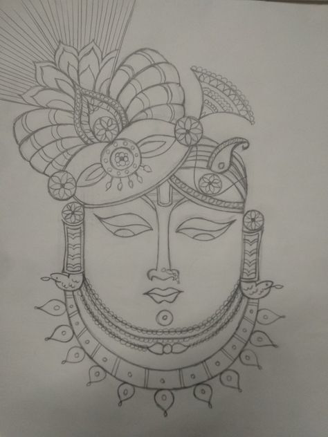 Shrinathji Pencil Sketch, Easy Patachitra Paintings, Shrinathji Pichwai Paintings Sketch, Shreenathji Painting Easy, Shrinathji Drawing Sketch, Srinathji Drawing, Basic Outline Drawings, Shreenathji Mandala Art, Shrinathji Rangoli Designs