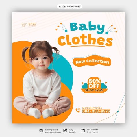 PSD baby shop social media banner post t... | Premium Psd #Freepik #psd #promotion #banner #discount #fashion-template Baby Poster Ideas, Baby Social Media Design, Discount Social Media Design, Kids Poster Design, Fashion Social Media Post, Poster Design Kids, Free Baby Clothes, Shop Banner Design, Baby Hijab