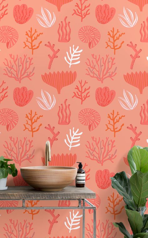 6 Rookie Mistakes to Avoid When Decorating With Pantone’s Color of the Year Coral Mural, Vibrant Bathroom, Reef Pattern, Wallpaper Bathroom, Tropical Bathroom, Coral Walls, Coral Decor, Murals Wallpaper, Live Coral